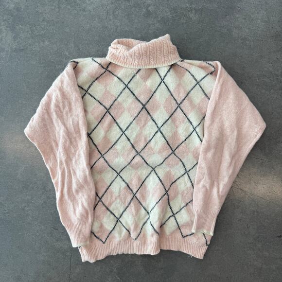 Vintage Y2k Pink Plaid Argyle Coquette Barbiecore Lambs Wool Sweater Medium - Picture 1 of 6